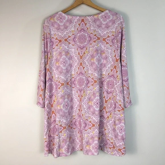 J Jill Luxe Supima A Line Tunic Top Women's 3X Pink Mandala Print 3/4 Sleeve Tee - Picture 2 of 7